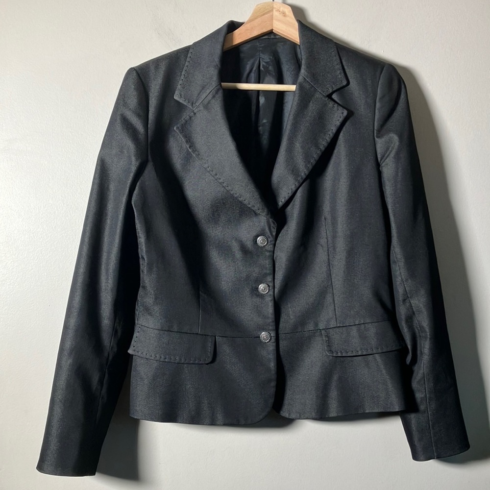 Vintage blazer jacket dark gray three button notched collar stitch detail